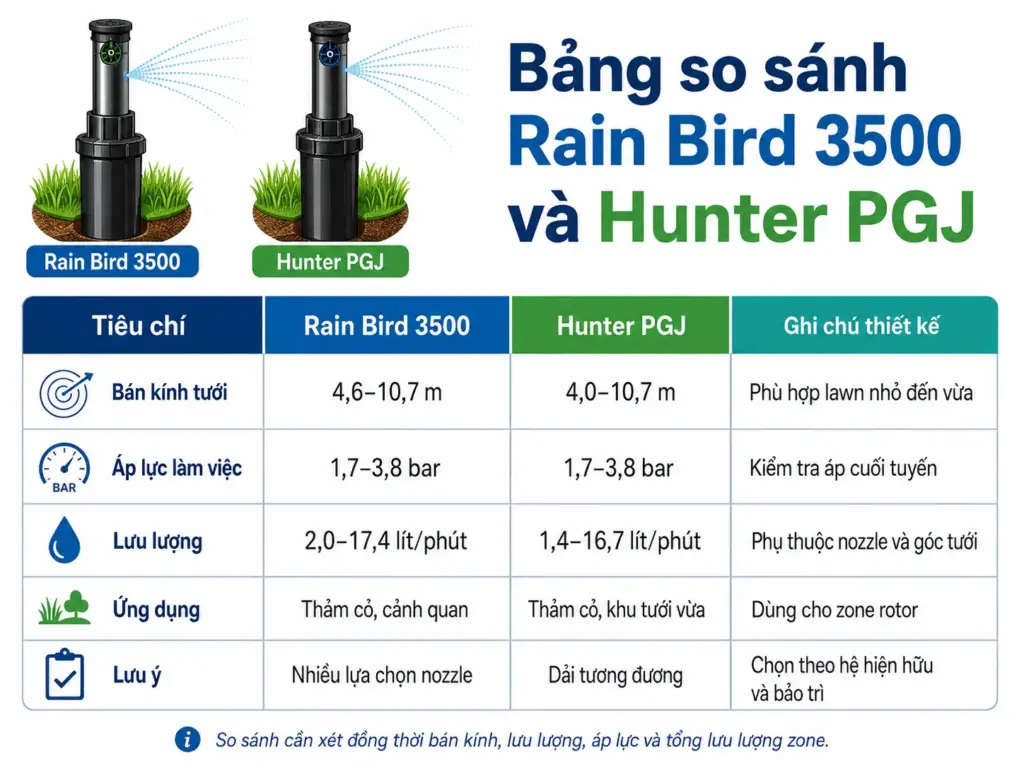 Đầu phun Rainbird Hunter so sánh rotor theo bán kính lưu lượng và áp lực