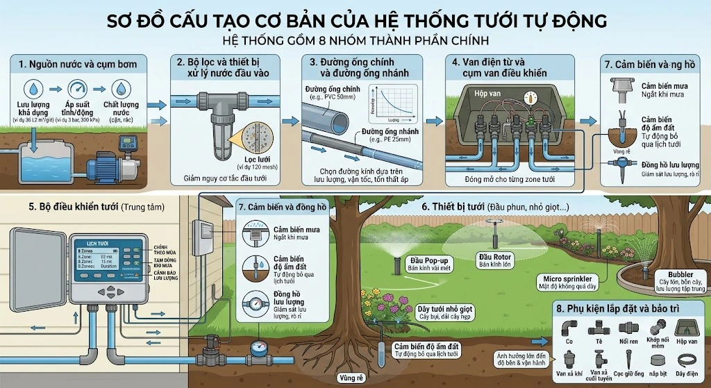 Sơ đồ cấu tạo hệ thống tưới tự động gồm bơm, lọc, van điện từ, bộ điều khiển và đầu tưới