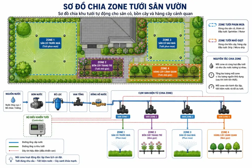 Sơ đồ chia khu tưới tự động cho sân cỏ, bồn cây và hàng cây cảnh quan