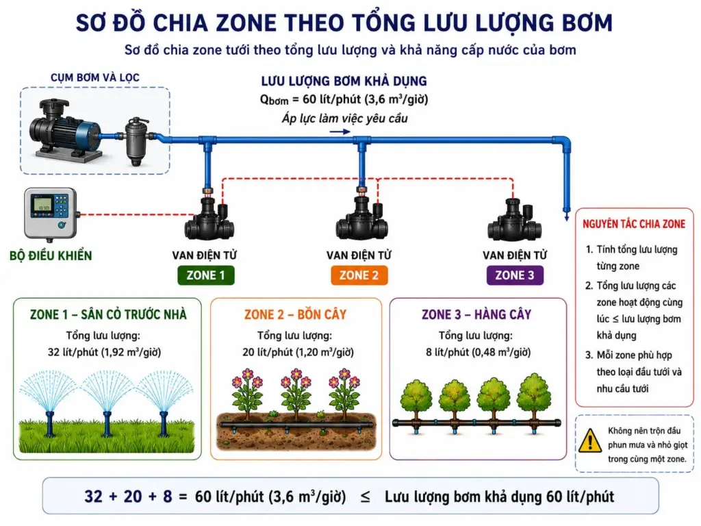 Sơ đồ chia zone tưới theo tổng lưu lượng và khả năng cấp nước của bơm