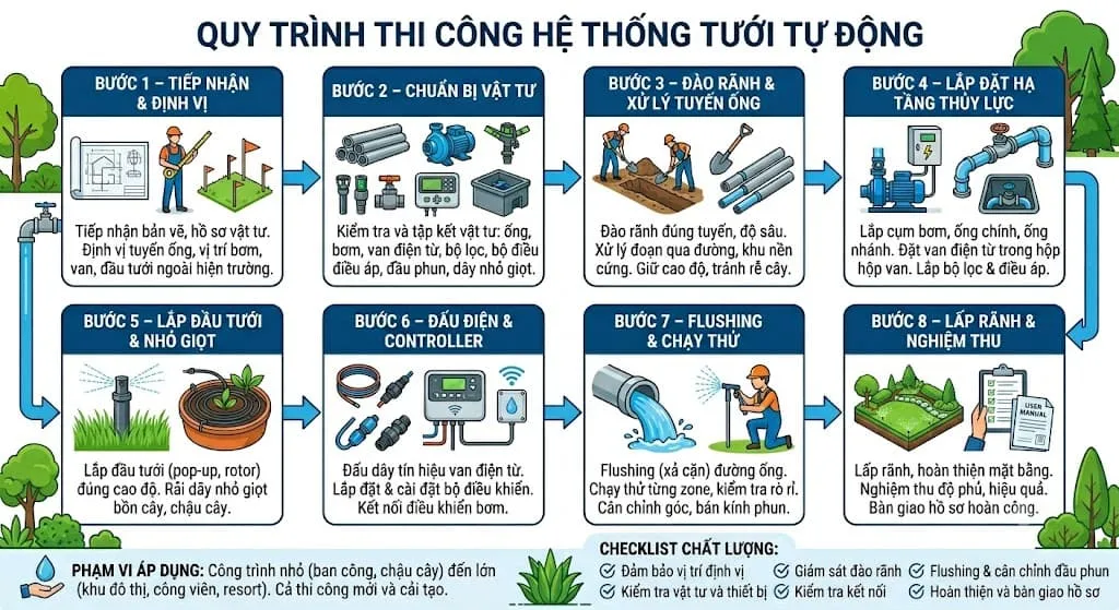 Sơ đồ quy trình thi công tưới tự động từ đào rãnh đến nghiệm thu