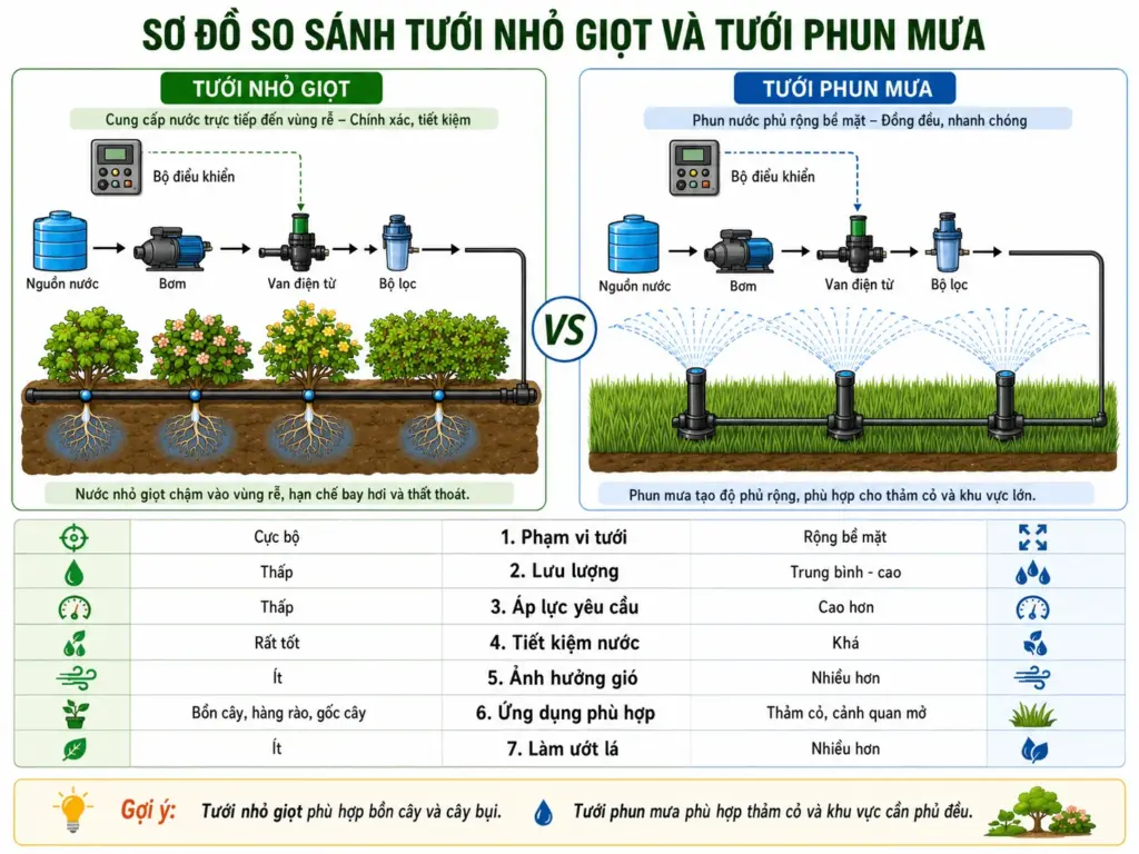 So sánh tưới nhỏ giọt vs phun mưa trong hệ thống tưới tự động
